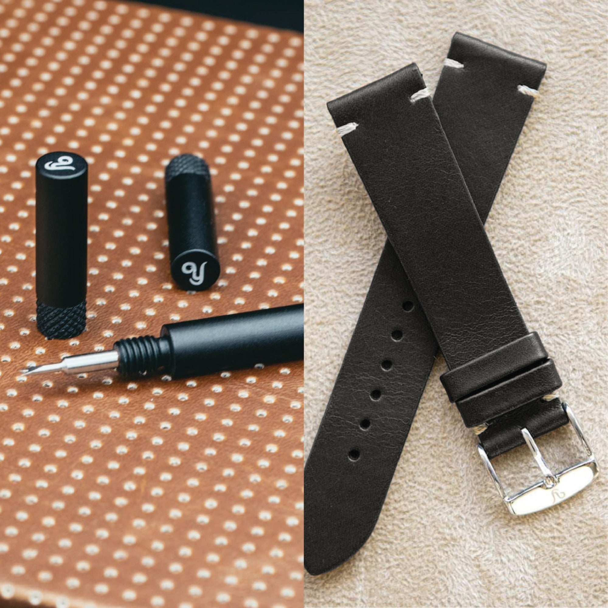 Black Leather Vintage Watch Band 20mm + YEMA Spring bar tool (118$)